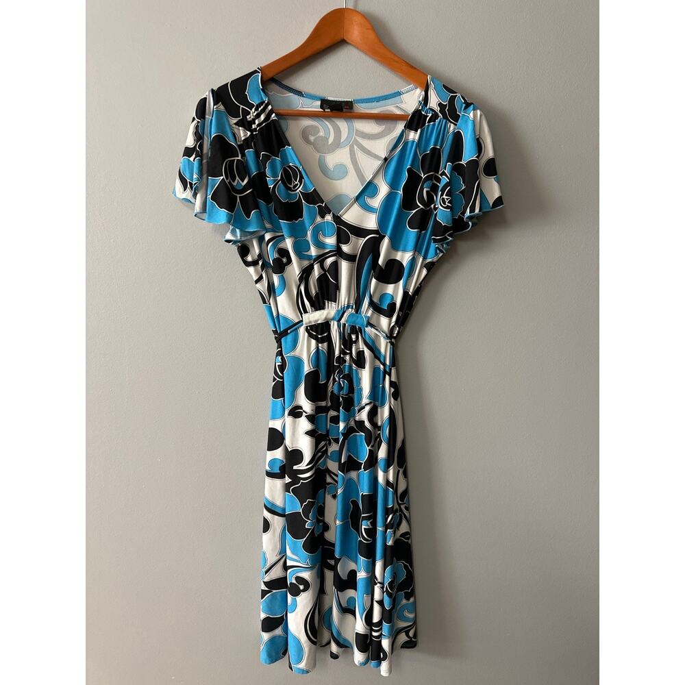 Scarlett Blue Black White Floral Wrap Dress Womens Size 10 Retro Mod Knee Length